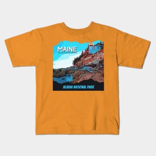 Acadia National Park, Maine - for adventure lover, camping, hiking, outdoor, lighthouse, mountain, waterfall, road trip, Retro vintage comic style design Kids T-Shirt